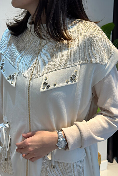 Lale Butik Women's Vest Pants Jacquard Detail Set 7303 Ecru