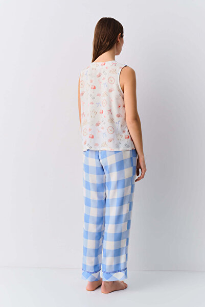 DREAM FASHION Blue Plaid Nicole Suspender Shirt Collar Pajama Set