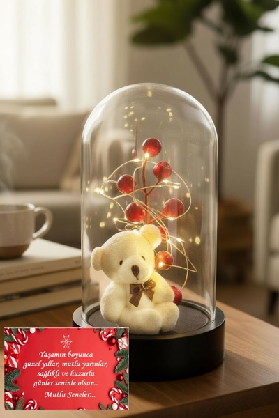 Lapidaria Ayıcık ve Kokina Çiçekli Led Işıklı Fanus – Yılbaşı Hediyelik Dekor...