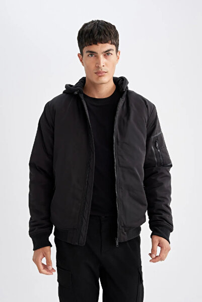 DeFacto Slim Fit Detachable Hooded Zippered Double Pockets Transitional Lightweight Bomber Coat Jacket