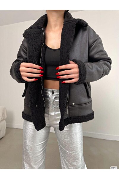 Modafeminen Jachetă cu buzunar cu fermoar cu detalii de pluș 582768 NEGRU