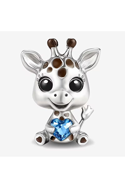 Singularis Mavi Kalpli Sevimli Zürafa Charm 925 Kaplama Bileklik Kolye Boncuğ...
