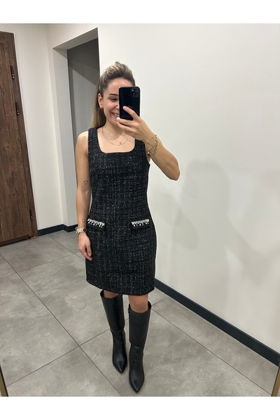 ELİF TARAKÇI BUTİK SİYAH TÜVİT ELBİSE CEKET TAKIM