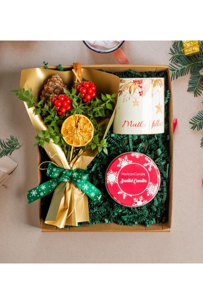 ATÖLYE247 Yılbaşına Özel Hediye Seti- Kokina Buketi- Mutlu Yıllar Tasarım Kupa- Kırmız Mum