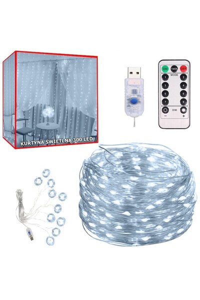 WTO Curtain installation, copper wire, remote control, indoor, WTO®, 300 micro LEDs, 3x3 m, cool white