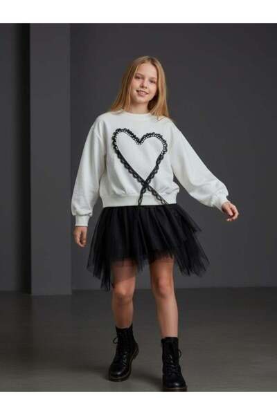 Zekids Hanorac pentru fetiță cu design brodat cu inimă supradimensionat