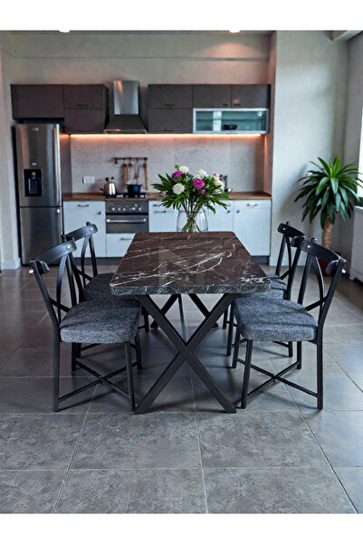 NESU EV 70 x 110 Masa Tonet Sandalye Takımı, 4 Kişilik Mutfak Masa Takımı Siy...