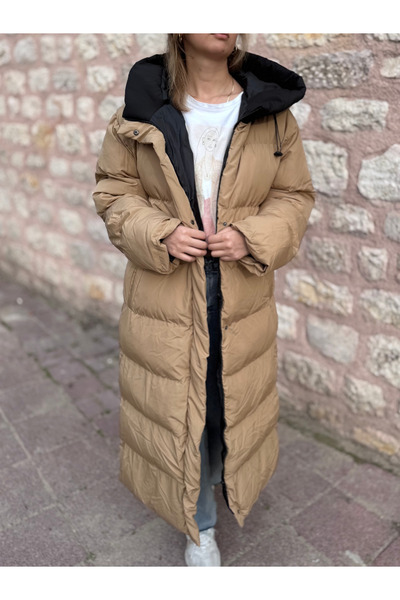 PELTEX Beige Midi Length Puffer Coat with Hood Detail