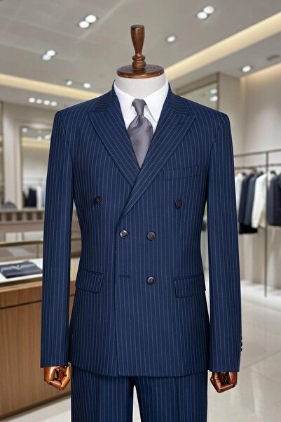Salihtarzz İtalyan Kesim Slim Fit Çizgili Lacivert Kruvaze Takım Elbise – SD4...