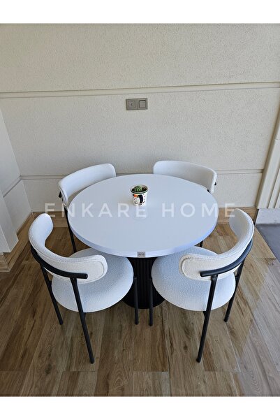 Enkare Sur Yuvarlak Masa ve 4 Adet Elisa Teddy Sandalye - 90 cm MDF Sütun Man...