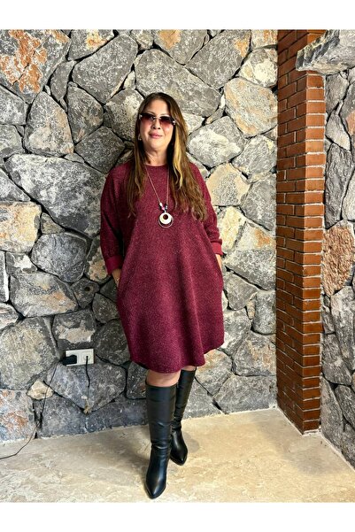 Punta Otantik NC25158 Simit Yaka Kolyeli Simli İtalyan Kadife Elbise Vişne