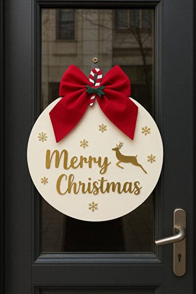 Bonika Christmas Door Ornament - Wooden Door Ornament with Red Bow