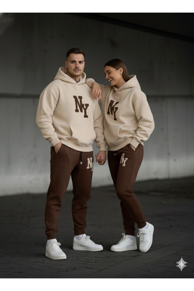 NİCE 3 İplik Winter Ny B Printed Bottom and Top Set Couple Combination – Unisex Tracksuit Set