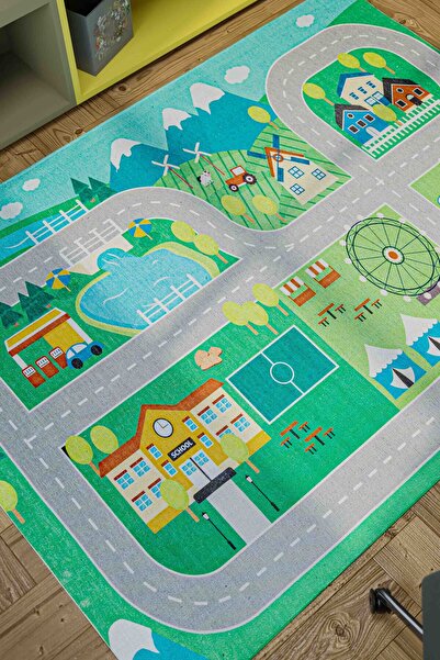 Oriente Home Figürlü Yeşil Çocuk Halısı Yıkanabilir Kaymaz Taban Şönil Makine...