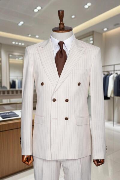 Salihtarzz İtalyan Kesim Slim Fit Çizgili Bej Kruvaze Takım Elbise – SD42299