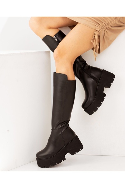 Afilli Women's Black Elastic Back Zippered Flexible Platform Thick High Heeled Below-The-Knee Boots Shoes