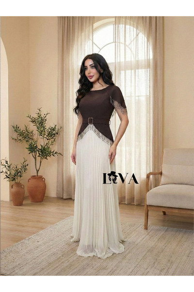 Liva A soft chocolate dress adorned with elegant shimmering fringe
