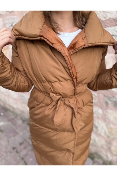 PELTEX Tan Knee Length Belted Puffer Jacket
