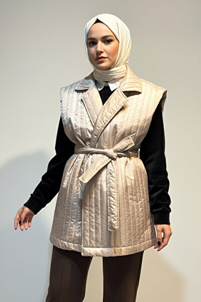 Lale Butik Quilted Belt Detail Vest 51258 Beige