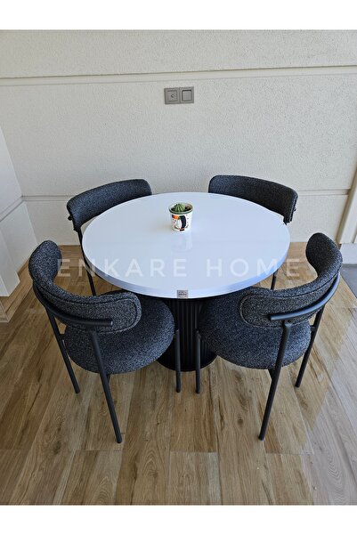 Enkare Sur Yuvarlak Masa ve 4 Adet Elisa Teddy Sandalye - 90 cm MDF Sütun Man...