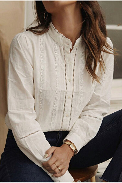 FEMELLE Women's White Mock Neck Button Cotton Shirt