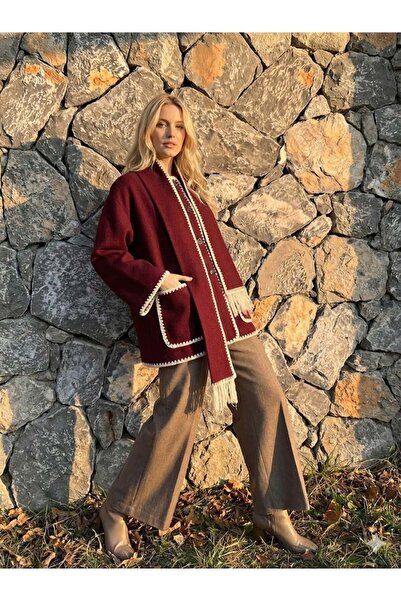 Punta Otantik Nc27786 Oya Embroidered Scarf Thin Cashmere Cardigan Plum