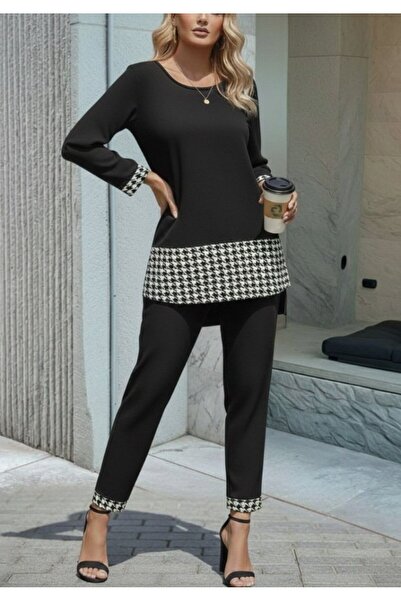 Giyimodam Women's Long Sleeve Round Neck Goose Feet Detail Viscose Two Thread Blouse and Pants Set