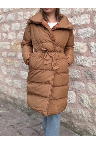 PELTEX Tan Knee Length Belted Puffer Jacket