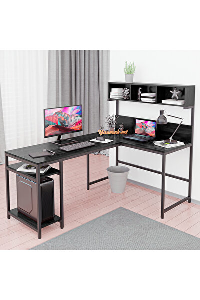 yasmak 600-S Siyah Yüksek Raflı L Ofis ve Çalışma masası