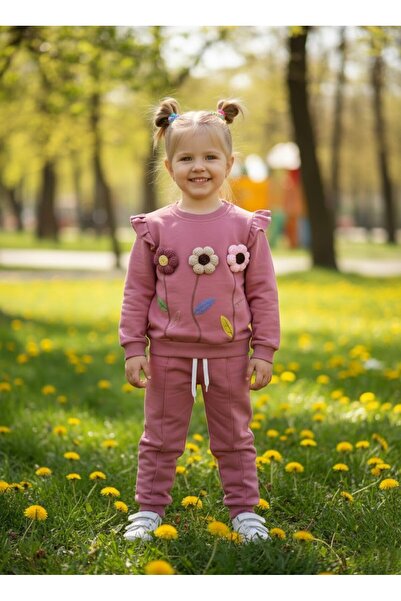 ruhaay Girls' Embroidery Flower Detailed Long Sleeve Transitional Bottom Top Set