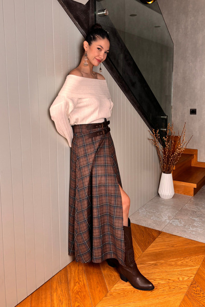 FABB Kahverengi Ekose Yırtmaçlı Etek