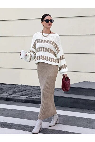 Giyimodam Women's Long Sleeve Boat Neck Casual Knitwear Blouse and Skirt Two-Piece Set