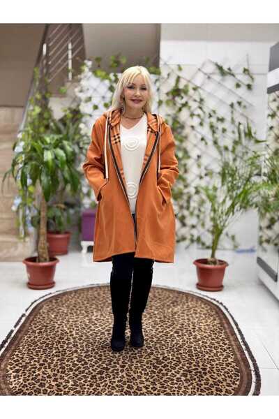 Punta Otantik Yg12589 Plaid Hooded Italian Cashmere Coat Orange