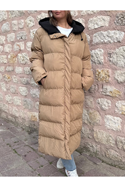 PELTEX Beige Midi Length Puffer Coat with Hood Detail