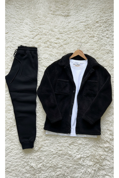 Fifty Color Trend, Men'S, Black, Teddy Sherpa, Plush, Fleece, Jacket, Black, Jogger Sweatpants