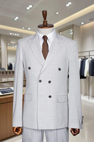 Salihtarzz İtalyan Kesim Slim Fit Çizgili Gri Kruvaze Takım Elbise – SD42302