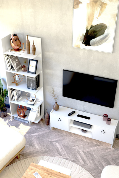 interGO Kapaklı Raflı Tv Ünitesi ve Asimetrik Beş Raflı Kitaplık