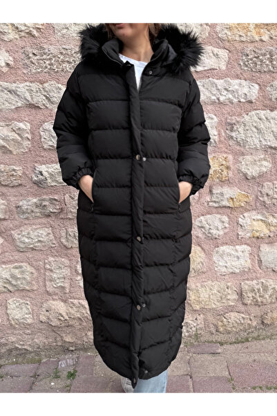 PELTEX Black Midi Length Hooded Fur Puffer Coat