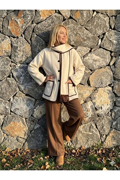 Punta Otantik Nc27786 Oya Embroidered Scarf Thin Cashmere Cardigan Ecru