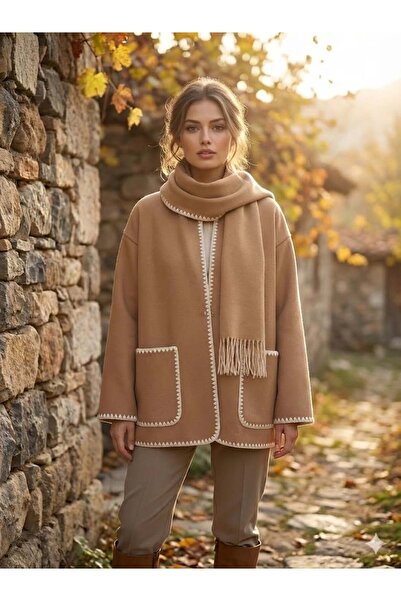 Punta Otantik Nc27786 Oya Embroidered Scarf Thin Cashmere Cardigan Camel