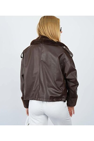 VESS MODA The Inside Is Completely Covered with Silk Fur. Brown Women's Leather Coat. Standard Fit. Suitable for Sizes S - m - L.
