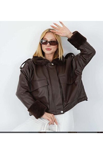 VESS MODA The Inside Is Completely Covered with Silk Fur. Brown Women's Leather Coat. Standard Fit. Suitable for Sizes S - m - L.