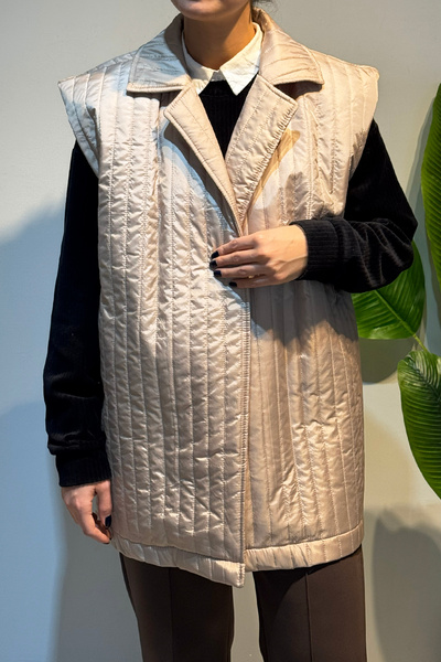 Lale Butik Quilted Belt Detail Vest 51258 Beige