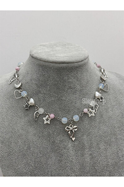 sleyshop Pembe Kuvars Opal Aytaşı Doğaltaş Kurdele Kolye