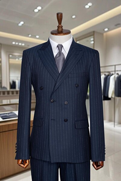 Salihtarzz İtalyan Kesim Slim Fit Çizgili Lacivert Kruvaze Takım Elbise – SD42306