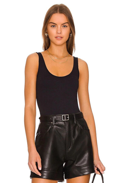 MetuCA Women's Black U Neck Sandy Fabric Double Layer Thong Bodysuit