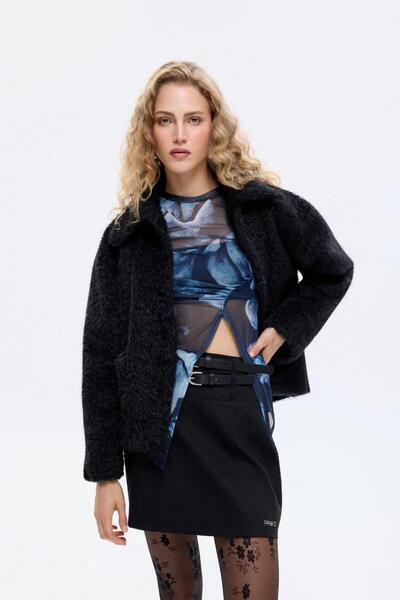 Quzu Kadın Gömlek Yaka Düğmeli Tüylü Ceket Siyah