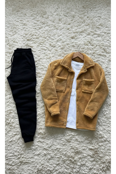Fifty Color Trend, Men'S, Tan, Teddy Sherpa, Plush, Fleece, Jacket, Black, Jogger Sweatpants