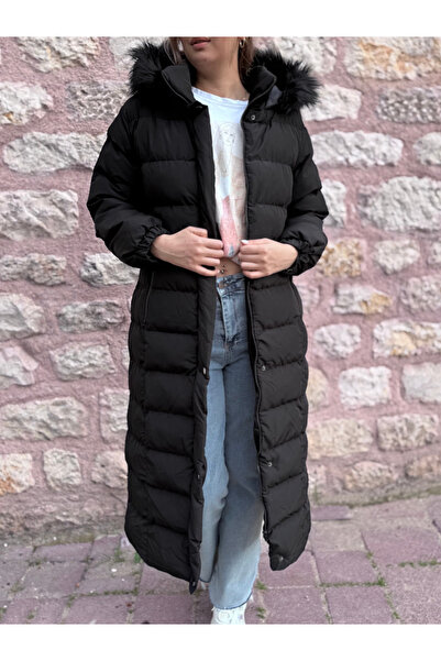 PELTEX Black Midi Length Hooded Fur Puffer Coat