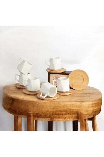 MİEN Durable Bamboo Plate Cornered Porcelain Cup Set for 6 People -23408